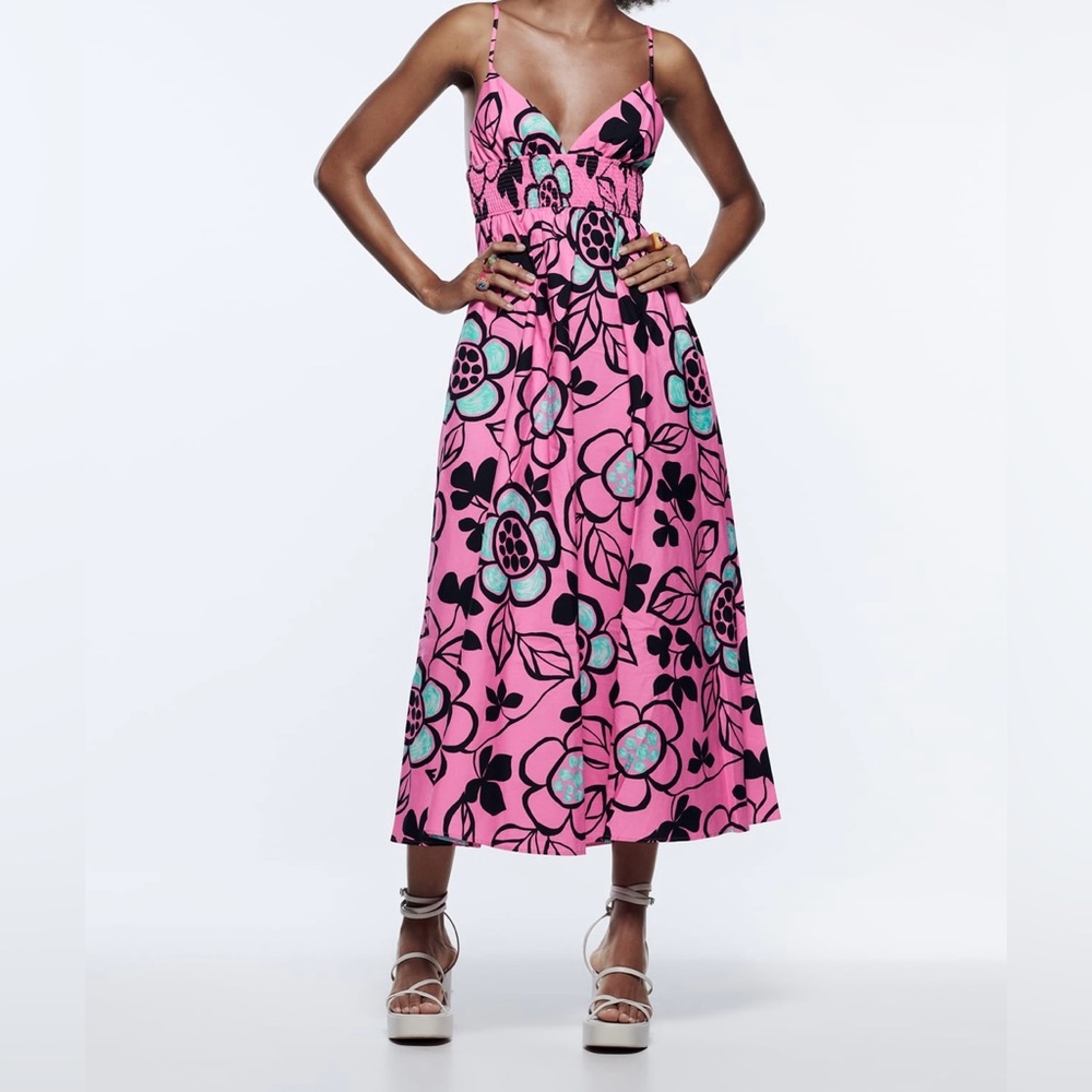 Zara Pink Floral Midi Dress